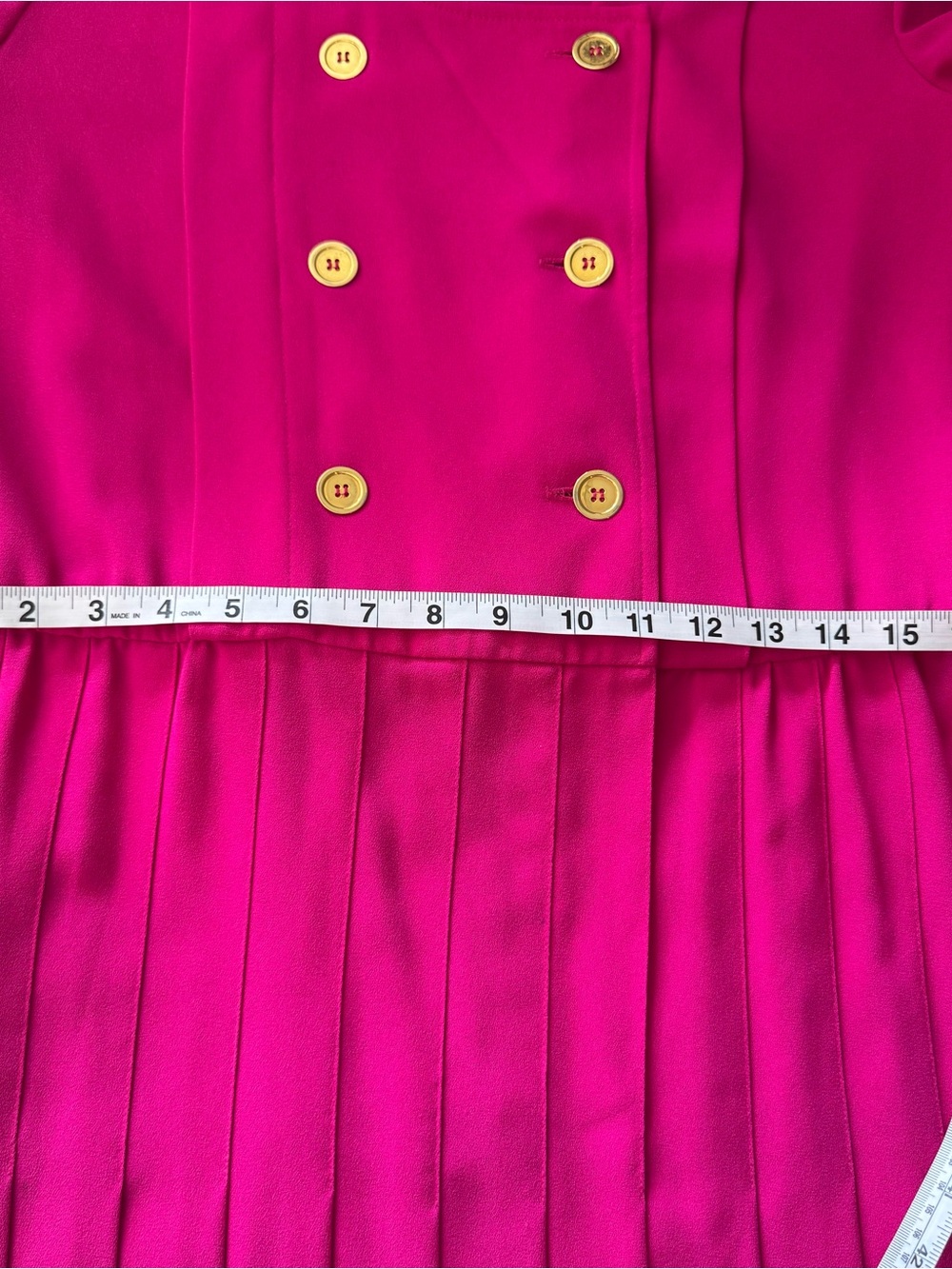 Vintage 90s Pink Pleated Dress Shoulder Pads Gold Buttons Belted Midi - Picture 8 of 11